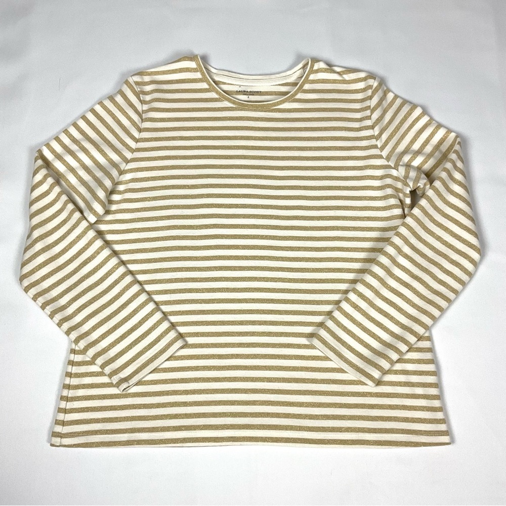Laura Scott Womens L cream & metallic gold stripe long sleeve knit shirt top